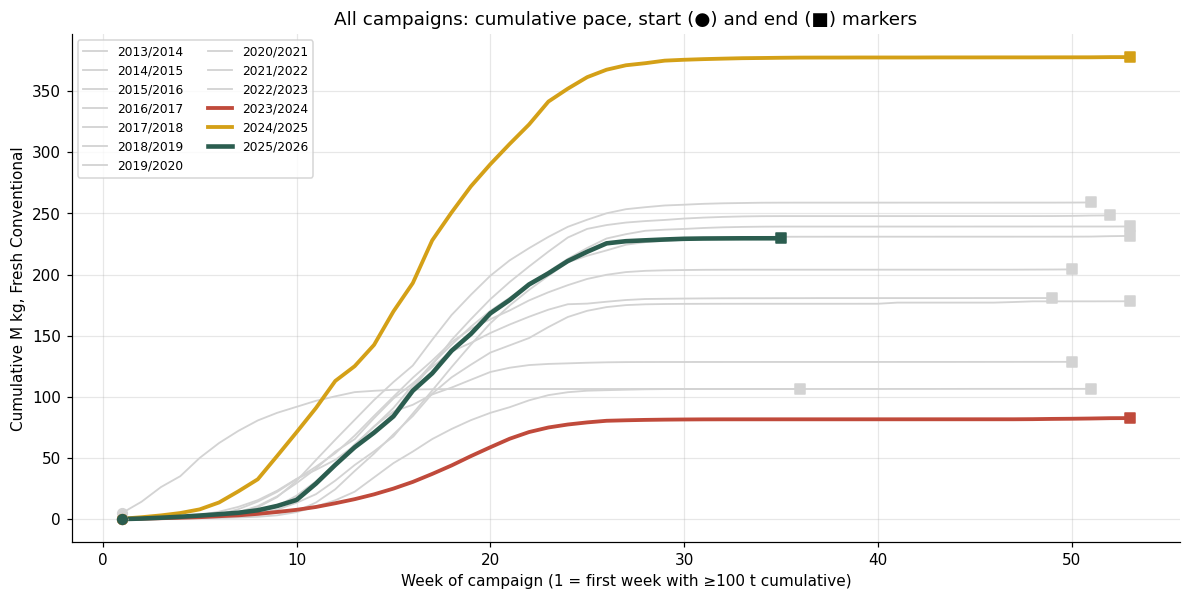 Weekly Peru mango export trajectories for collapse, normal and record campaigns